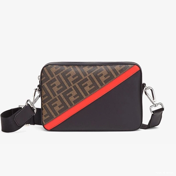 Vintage HOT Red Brown FF In Camera Case Motif Compact Fendi Fabric 0806